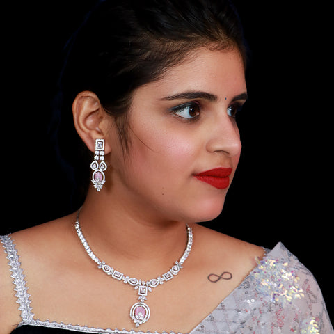 Designer Semi-Precious American Diamond & Ruby Necklace with Earrings (D483)