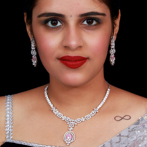 Designer Semi-Precious American Diamond & Ruby Necklace with Earrings (D483)