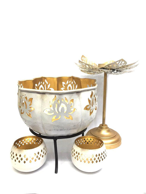 A Beautiful Lotus Urli Candle Stand With Small Votive To Decorate Your Home Set Of 3 (Design 159)