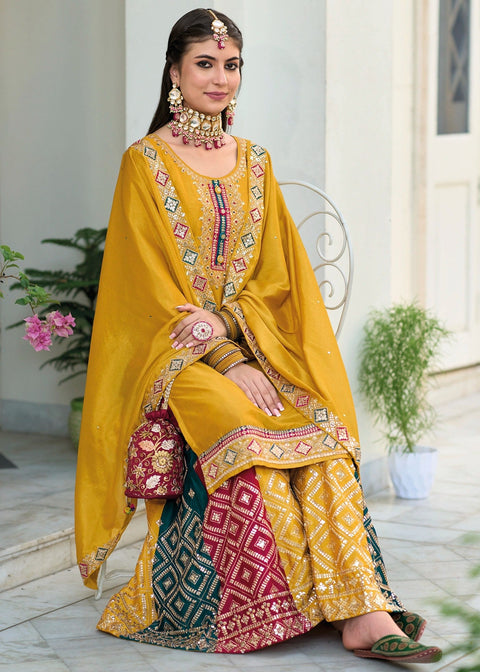 Designer Mustard Yellow Color Suit with Plazzo & Dupatta in Chinon (D1001)