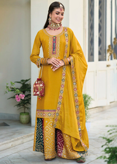 Designer Mustard Yellow Color Suit with Plazzo & Dupatta in Chinon (D1001)