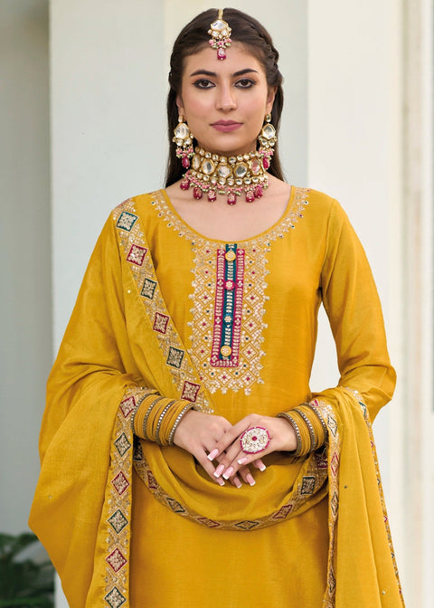 Designer Mustard Yellow Color Suit with Plazzo & Dupatta in Chinon (D1001)