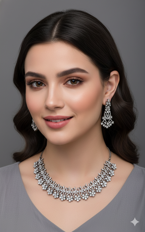 Semi-Precious American Diamond Silver Plated Necklace with Earrings (D1022)