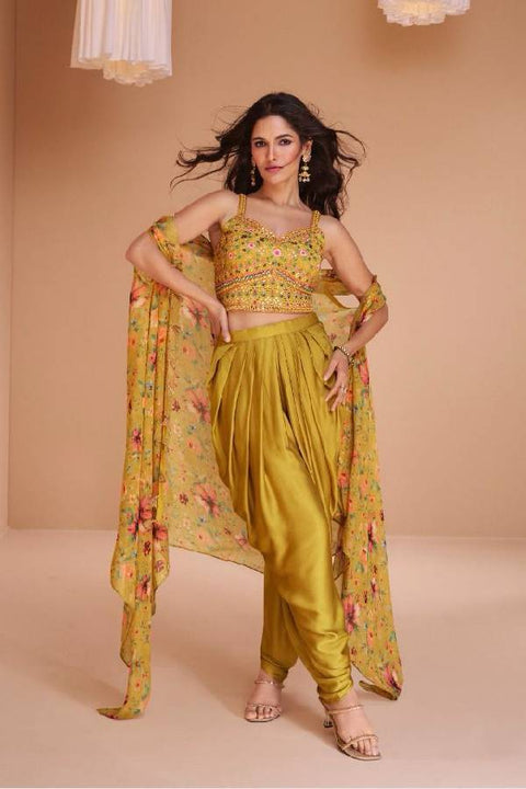 Mustard Yellow Color Dhoti Set With Cape (D1051)