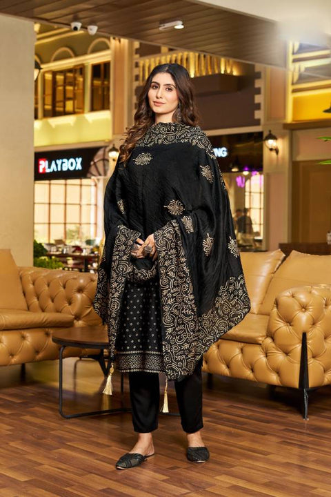 Black Color Rayon Readymade Pant Style Suit with Dupatta (D1045)