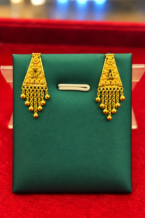 22 KT Traditional Gold-Tone Geometric Triangle Filigree Earrings with Beaded Chain Tassels(D156)