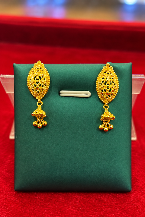 22 KT Traditional Gold-Tone Floral Filigree Oval Drop Earrings with Jhumki Charms(D155)