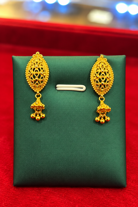 22 KT Traditional Gold-Tone Floral Filigree Oval Drop Earrings with Jhumki Charms(D155)
