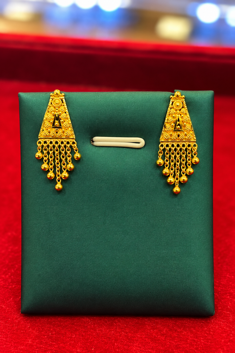 22 KT Traditional Gold-Tone Geometric Triangle Filigree Earrings with Beaded Chain Tassels(D156)