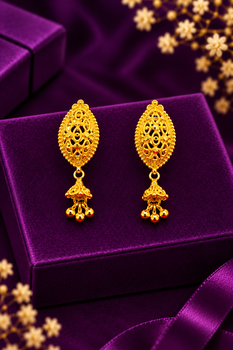 22 KT Traditional Gold-Tone Floral Filigree Oval Drop Earrings with Jhumki Charms(D155)