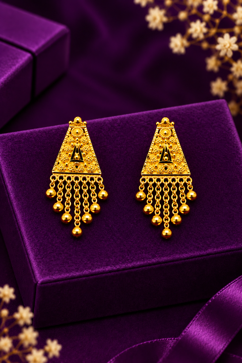 22 KT Traditional Gold-Tone Geometric Triangle Filigree Earrings with Beaded Chain Tassels(D156)