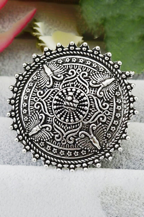 Adjustable German Silver Oxidized Ring with Intricate Designs