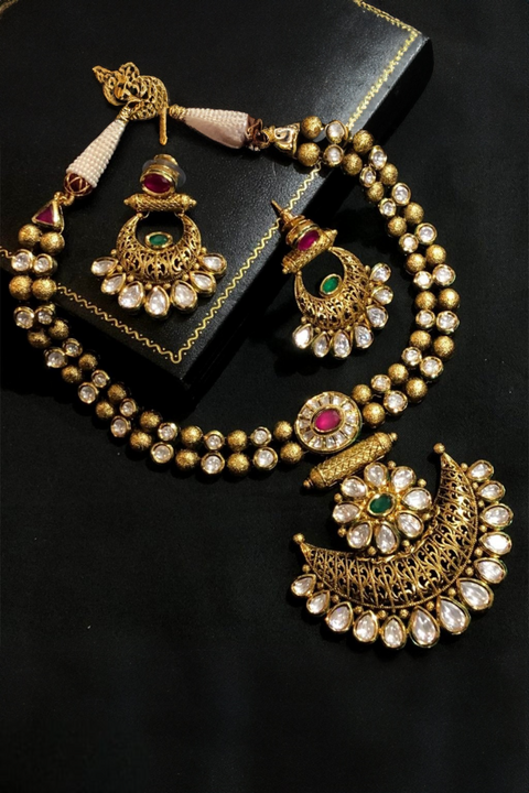 Ruby and Emerald Gold Plated Designer Kundan Necklace Set