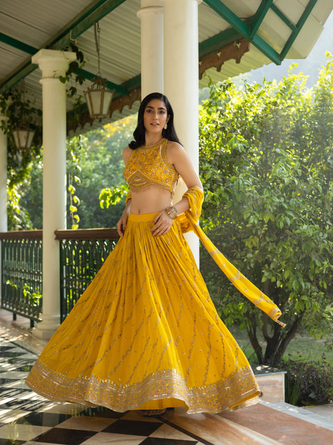 Canary Yellow Hand Embroidered Lehenga Set For Party Wear (D284)