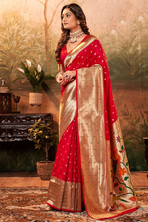 Gorgeous Deep Red Color Party Wear Maharani Paithani Designer Saree (D748)
