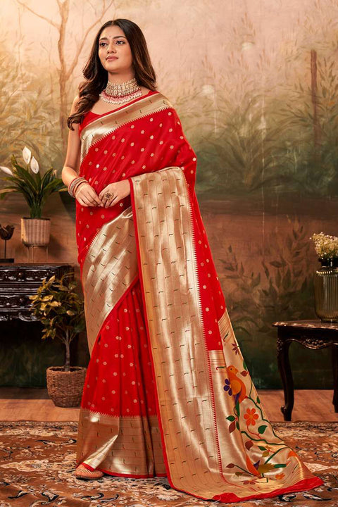Gorgeous Red Color Party Wear Maharani Paithani Designer Saree (D746)