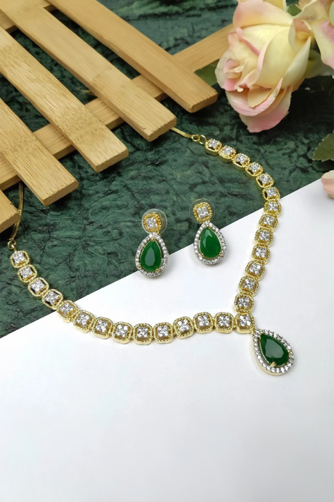 Designer Semi-Precious American Diamond Green Emerald Necklace with Earrings (D707)