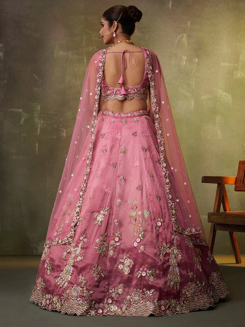Pink-Tissue Fabric Sequins embroidery Lehenga & Blouse With Dupatta (D898)