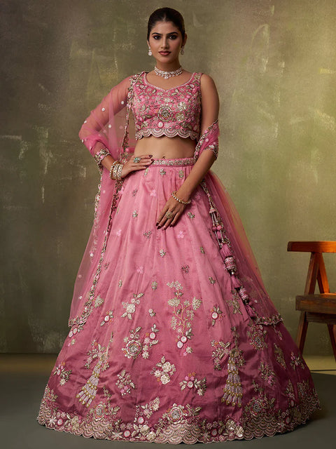 Pink-Tissue Fabric Sequins embroidery Lehenga & Blouse With Dupatta (D898)