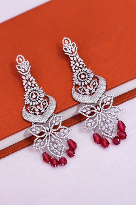Designer White & Ruby American Diamond Earrings (E614)