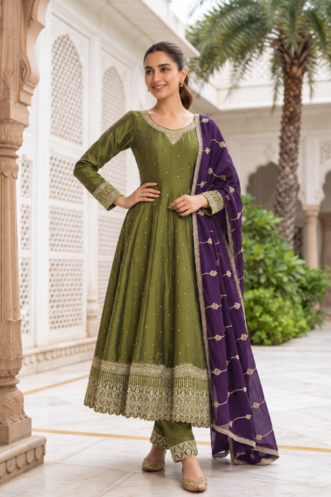 Mehandi Purple Anarkali Suit Set - Refined Ethnic Style (D2349)