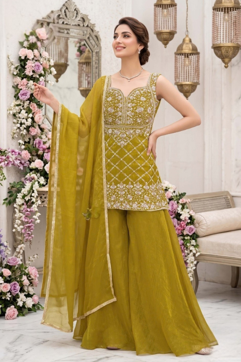 Mustard Yellow Palazzo Suit With Dupatta - Traditional Occasion Wear (D2357)