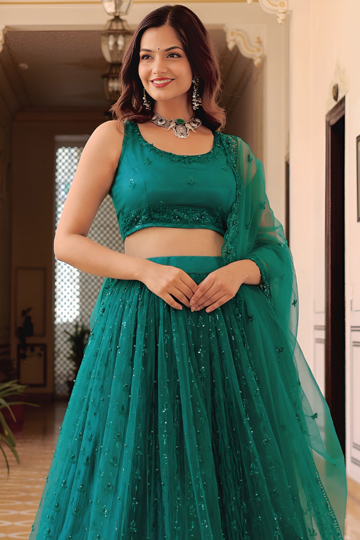 Majestic Teal Green Lehenga Choli – Net Sequin Party Wear Lehenga with Dupatta (D1016)