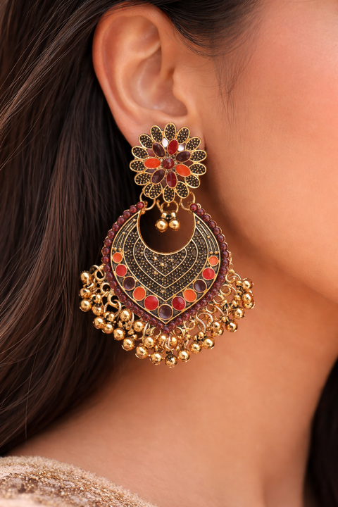 Retro Ethnic Gold Heart Shape Gold Carved Earring Jhumki Style Tassel Bead (E952)