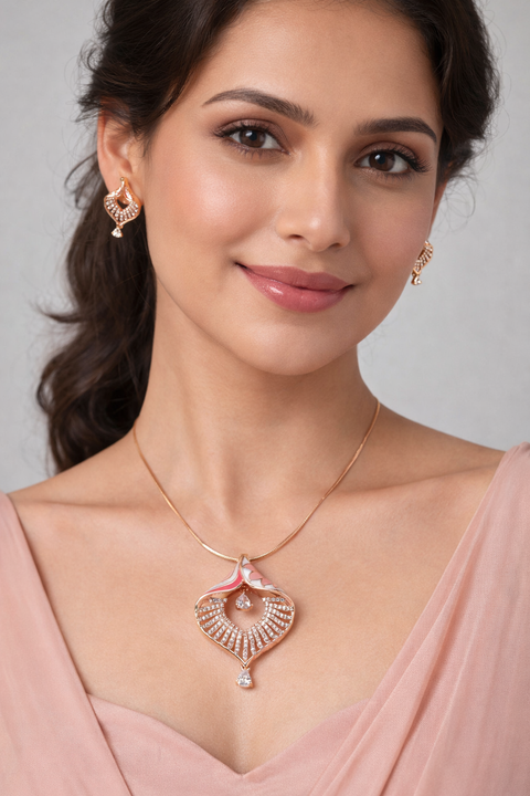 Rose Gold-Plated Meenkari  & Swarovski Work Pendant Set For Party Wear (D1121)