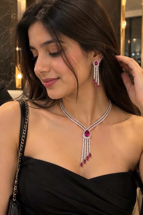 American Diamond Pink Semi-Precious Long Necklace Set (D1298)