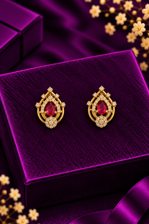 18k Ruby Teardrop Shaped Diamond Studs (D36)