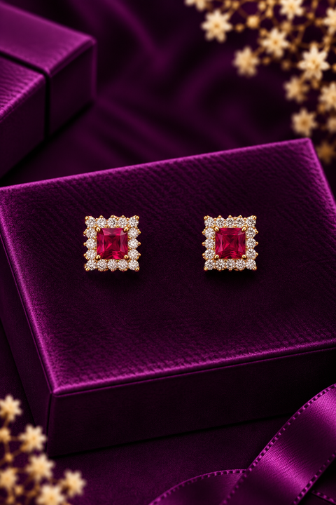 18k Square-Cut Ruby Shaped Diamond Studs (D39)