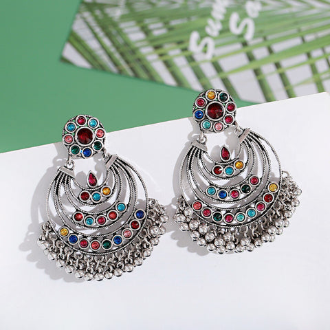 Antique Silver Multicolor Chandbali Earrings