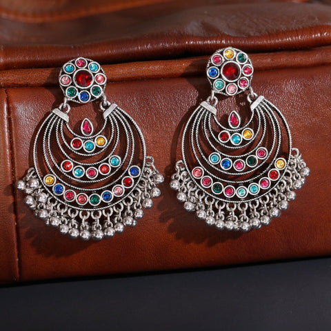 Antique Silver Multicolor Chandbali Earrings
