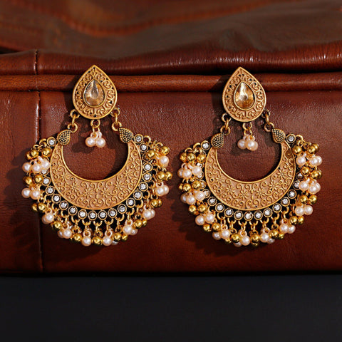 Golden Bohemian Chandbali Carved Floral Earrings with Pearls
