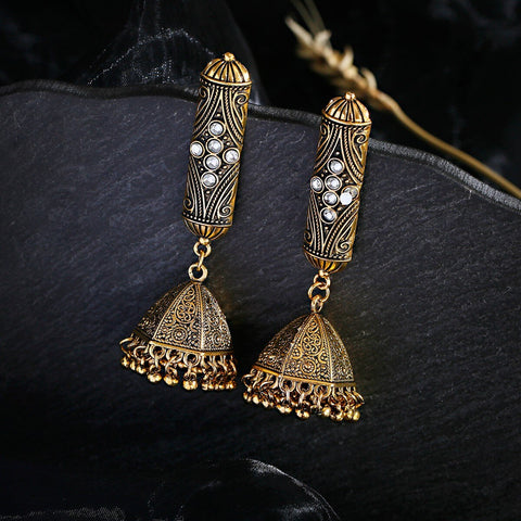 Long Carved Oxidized Golden Jhumki with White Crystals