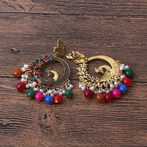 Vintage Golden Antique Multicolor Peacock Hoop Earrings (E850)