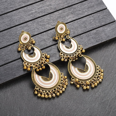 Long Dangle Circular Golden Beads Earrings (E836)