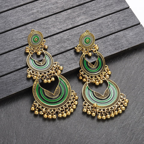 Long Dangle Circular Golden Beads Earrings (E836)