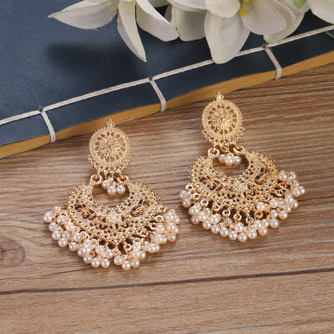 White Carved Spade Shaped Pendant Earrings with Pearls
