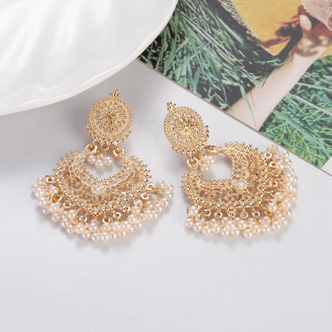 White Carved Spade Shaped Pendant Earrings with Pearls