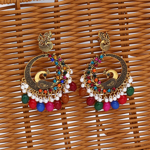 Vintage Golden Antique Multicolor Peacock Hoop Earrings (E850)