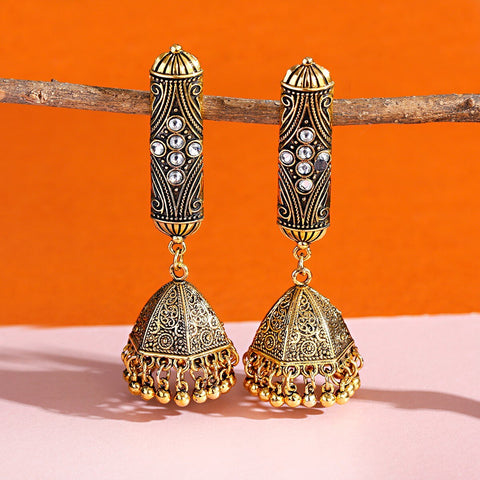 Long Carved Oxidized Golden Jhumki with White Crystals