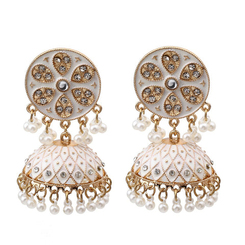 Traditional White Golden Jhumki with Pearls & Crystals