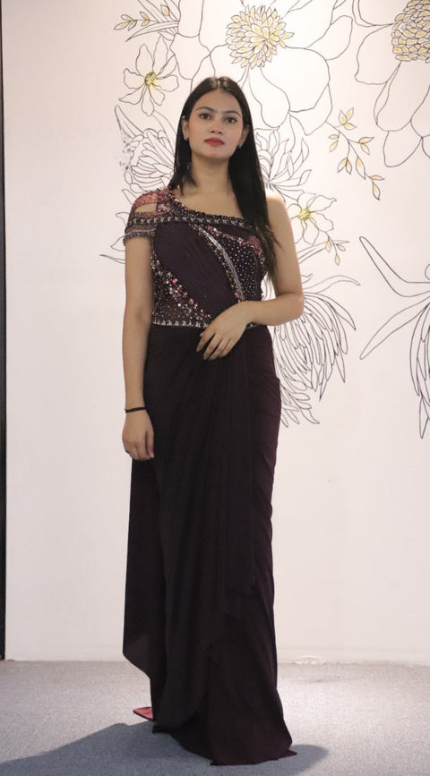 Designer Wine Color Indo Western Gown/ Drape Saree For Party Wear (D34A)