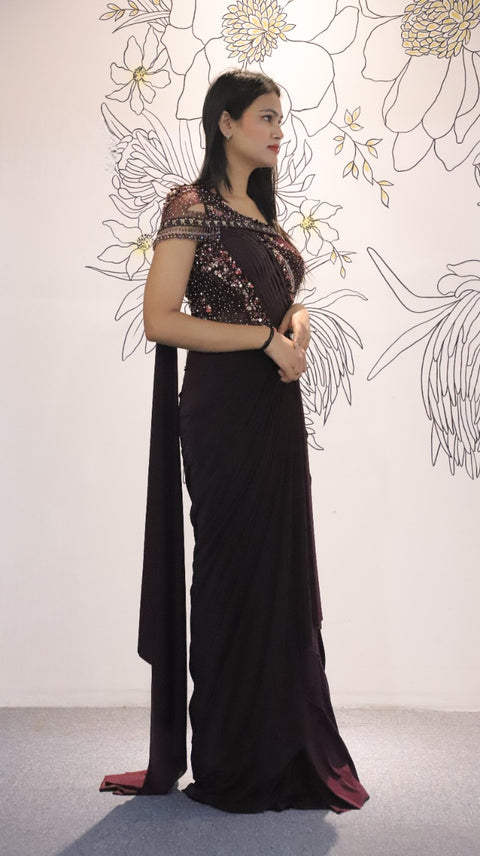 Designer Wine Color Indo Western Gown/ Drape Saree For Party Wear (D34A)