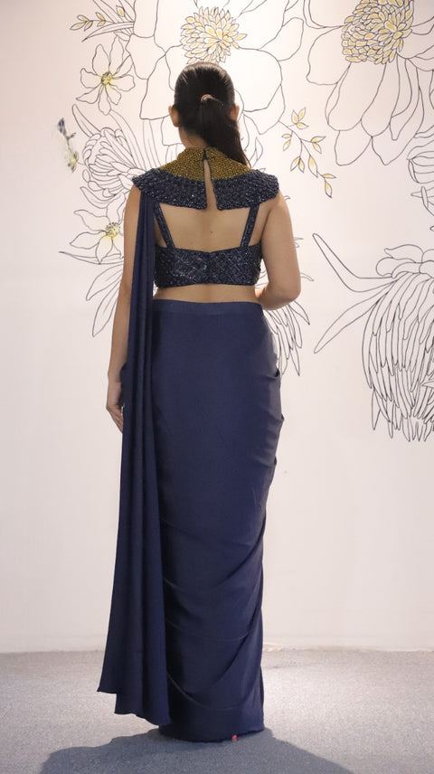 Navy Blue Color Satin Draped Saree With Fancy Cut Dana Embellished Cape Blouse For Party Wear (D40)