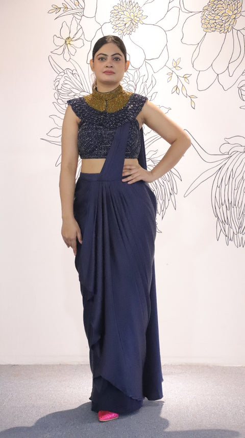 Navy Blue Color Satin Draped Saree With Fancy Cut Dana Embellished Cape Blouse For Party Wear (D40A)
