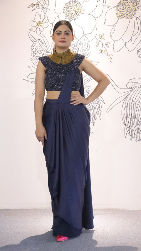 Navy Blue Color Satin Draped Saree With Fancy Cut Dana Embellished Cape Blouse For Party Wear (D40)