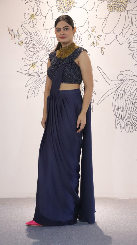 Navy Blue Color Satin Draped Saree With Fancy Cut Dana Embellished Cape Blouse For Party Wear (D40A)